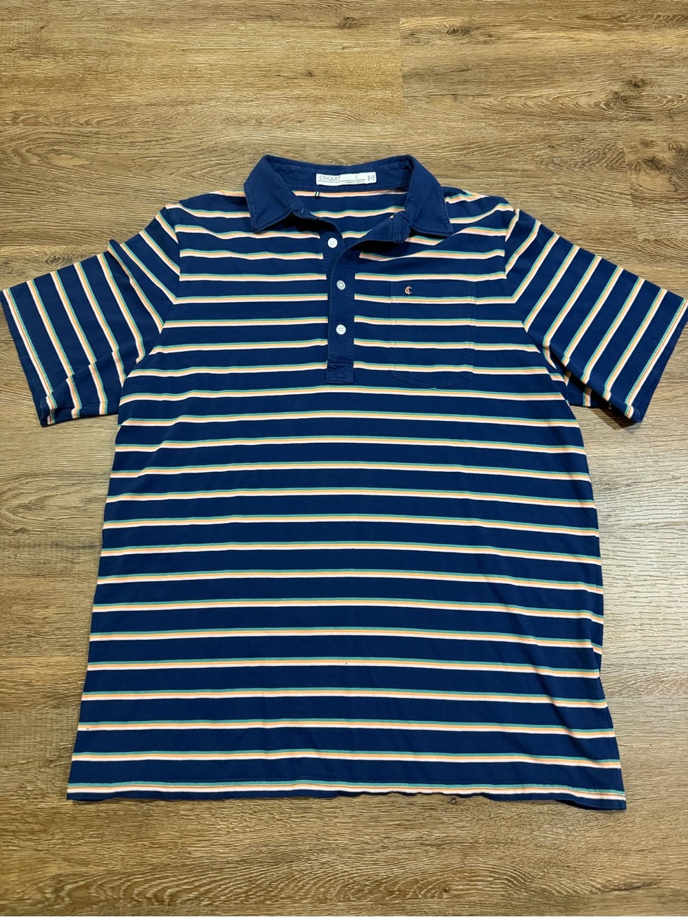 Criquet Pocket Polo Shirt Men’s Large Blue Stripe Organic Cotton Preppy
